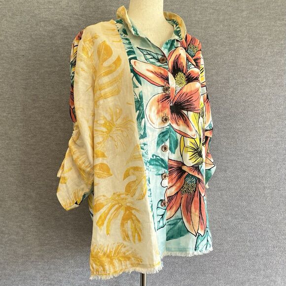 John Mark Linen Tropical Floral Top Size L Lagenlook Aloha Wired Collar Resort - Picture 3 of 15